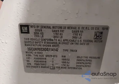 2016 Chevrolet Silverado 1500 2Lt из США, поврежденный, VIN 3GCUKREC6GG114142